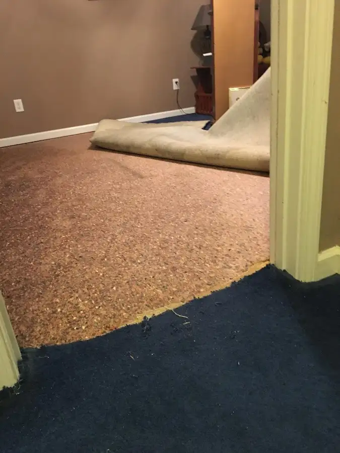 Carpet pad removal revealing water damage during Water Mitigation Services in Wellsville
